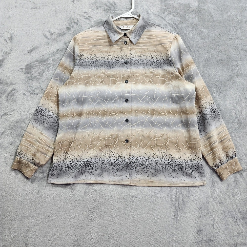 Vintage TanJay Top Womens 14 PETITES Beige Grey Stripe Button Front‎ Long Sleeve